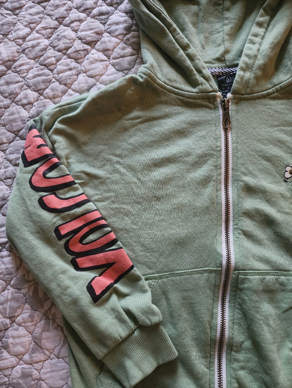 Volcom Light Green Zip Hoodie with Sleeve Logo Size 7